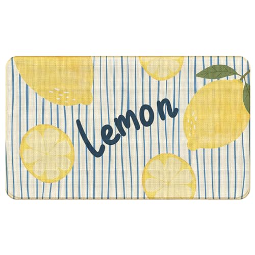 Chicimln Summer Yellow Lemon Door Mat, Lemon Citrus Fruit Non-Slip Linen Doormat Outdoor Indoor Entrance, Blue Striped Coastal Welcome Mats Rugs for Entryway Front Door Porch, 17x30 Inch - color: Lemon