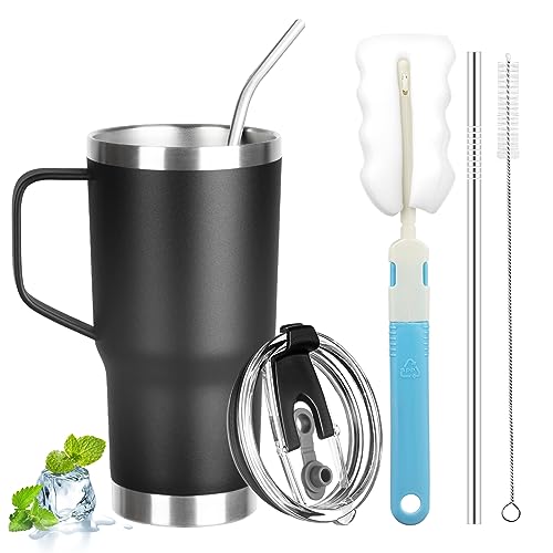 20 oz Tumbler with Handle, Stainless Steel Insulated Tumbler with Lid and Straw, Double Wall Vacuum Coffee Mug Tumbler, Insulated Coffee Thermal Cup for Cold and Hot (Black) - color: Black, size: 20 Ounces
