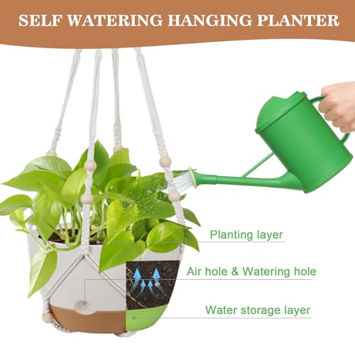Self Watering Hanging Planter, 3 Pack 10 Inch Macrame Plant Hanger with Flower Pot, Metal Chain, S & Ceiling Hooks, Drainage Holes, Removable Saucer, Hanging Basket Holders for Indoor Plants - White - color: White
