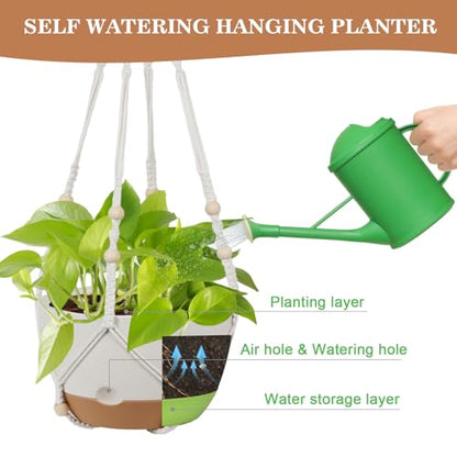 Self Watering Hanging Planter, 3 Pack 10 Inch Macrame Plant Hanger with Flower Pot, Metal Chain, S & Ceiling Hooks, Drainage Holes, Removable Saucer, Hanging Basket Holders for Indoor Plants - White - color: White