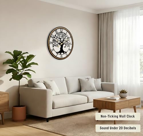 Large Wall Clock for Living Room Decor 32 Inch Tree of Life Metal Wall Art, Non-Ticking Battery Operated Metal Black with Solid Wood Frame for Office/Bedroom/Kitchen/Dining Room Decoration - size: B 32 Inch
