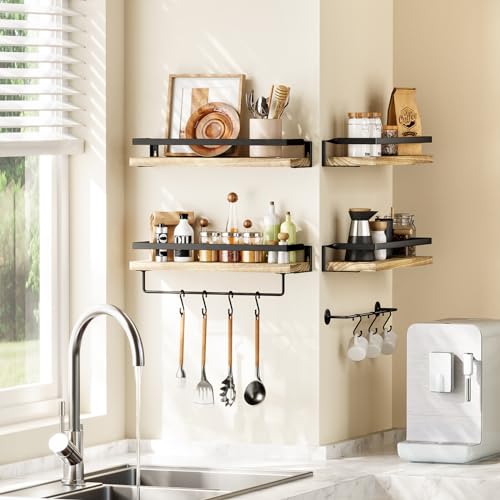 AMADA HOMEFURNISHING Bathroom Shelves with Towel Bar, Floating Shelves, Wall Shelves for Bathroom/Living Room/Kitchen/Bedroom, Light Brown, Set of 2 - AMFS01 - color: Light Brown