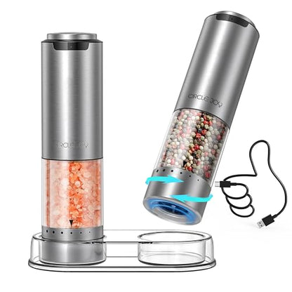 CIRCLE JOY Rechargeable Electric Salt and Pepper Grinder Set with Base, Stainless Steel Pepper Mills with 95ml Container, White LED Light and External Adjustable Coarseness, Silver - color: Rechargeable Set with Base