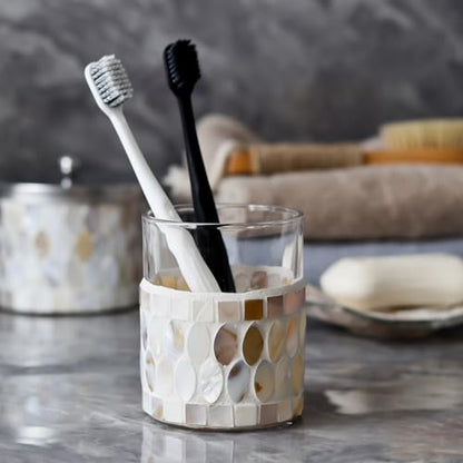 WDHODEC Mosaic Bathroom Accessory Set 5PCS with Natural Shell & Glass Soap Dispenser Cotton Jar Soap Dish Vanity Tray Tumbler for Hotels, Modern Bathroom Counter and Sink Decoration White