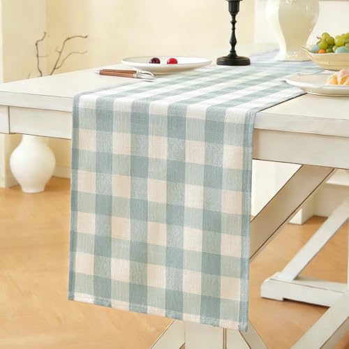 Laolitou Spring Blue Checkered Table Runner, Cotton Linen Gingham Easter Table Runners, Classic Buffalo Plaid Farmhouse Table Decor, 13x72 Inches - color: Blue, size: 72" x 13" (Rectangular)