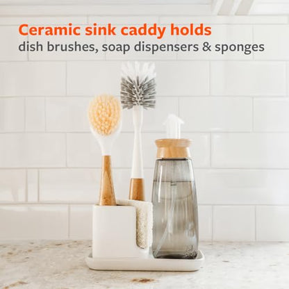 Full Circle Sinkside Ceramic Cleaning Station - Kitchen Sink Caddy & Sponge Holder, Countertop Organizer for Dish Brushes & Scrubbers - Dishwasher Safe, Rustproof, Compact Design, White