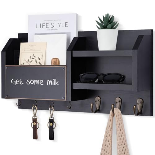 Lwenki Mail and Key Holder – Wall Mount Key Hanger with Shelf and 7 Metal Hooks – Decorative Natural Paulownia Wood Entryway Organizer with Mounting Hardware (16.5”W x 8.7”H x 3.5”D) (Black) - color: Black