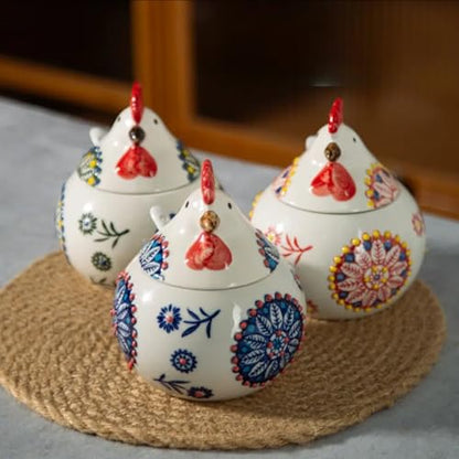 13.5 Oz Salt Cellar With Lid and Spoon (Red)- Ceramic Chicken Spice Jars for Salt, Sugar, Pepper - Spice Containers for Countertop - color: Red