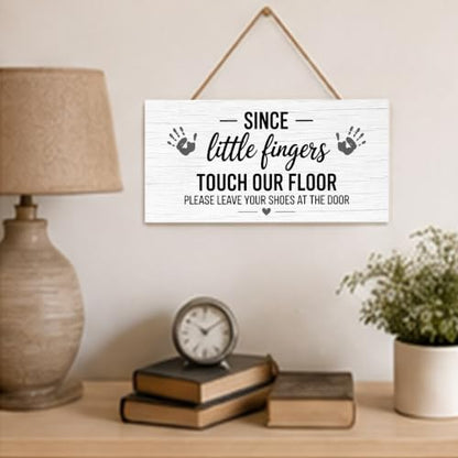 Since Little Fingers Touch Our Floor Please Take Your Shoes Off Welcome Wooden Hanging Sign for Outdoor - color: Pink