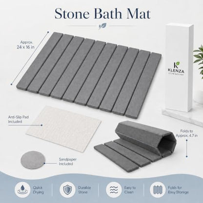 Stone Bath Mat, Quick Dry Foldable Diatomaceous Earth, 24 x 16, Grey | 23.6 x 15.3 in grey stone bath mat with foldable design, anti-slip pad and included sandpaper.