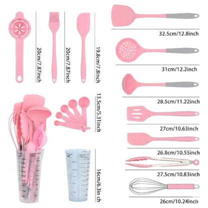 16-Piece Silicone Kitchen Utensil Set with Measuring Cup (Pink) | Dishwasher-safe BPA-free tools for nonstick cookware, with tongs, whisk, 5 measuring spoons and a 500ml measuring cup holder - color: Pink