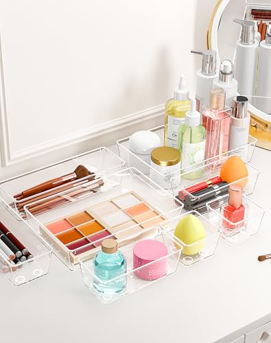 30Pcs Clear Plastic Drawer Organizers Set, 4size makeup drawer organizer trays for vanity,desk,bathroom,office,nightstand,gadgets for kitchen drawer, Versatile drawer divider storage bins - size: 30 Pcs