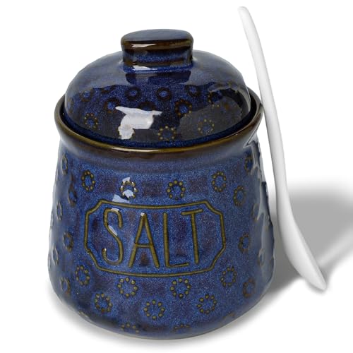 Salt Bowl with Lid and Spoon, 10oz Ceramic Seasoning Jar (Vintage Blue) | Easy One-Hand Access, Keeps Seasonings Fresh, Wide Opening, Easy to Clean, Dishwasher Safe - color: Vintage Blue, size: 4.3" Label Salt