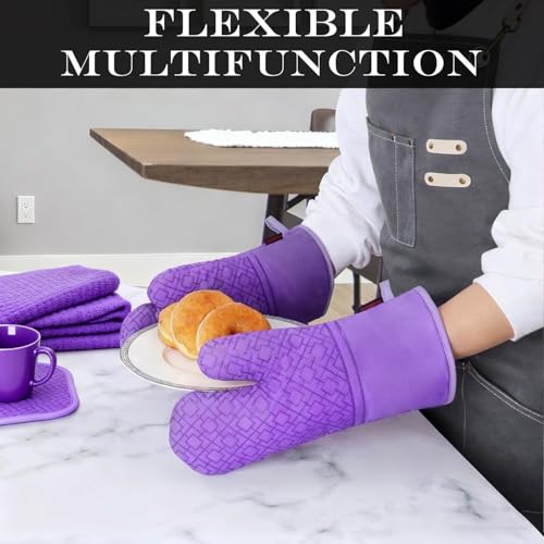 Oven Mitts and Pot Holders Sets 6pcs, Kitchen Oven Glove,High Heat Resistant 550 Degree Extra Long Oven Mitts and Potholders with Non-Slip Silicone Surface for Home Essentials (Grey) (Purple) - color: Purple