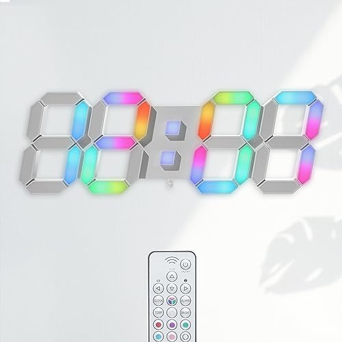LED Wall Clock 15" RGB Digital LED Clock for Living Room Decor, Large Display Gaming Room Clocks, Dimming/12/24 Hr Time/Date/Temp/Remote (White Clock with Neon Light) - color: 15in Wall Clock-neon Light