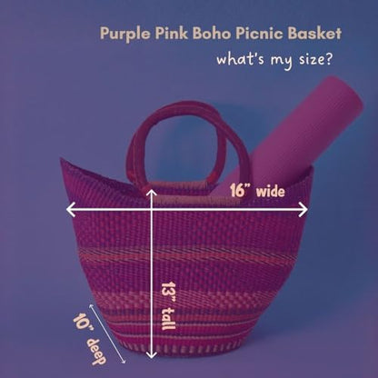 Wicker Basket Tote Bag, Purple and Pink, 16 Inch Wide - color: Pink, Purple