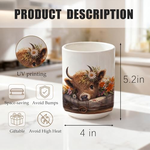 Highland Cow Ceramic Utensil Holder for Kitchen Counter, Farmhouse Rustic Highland Cow Decor 5.4" Kitchen Cooking Crock Utensil Holder for Countertop