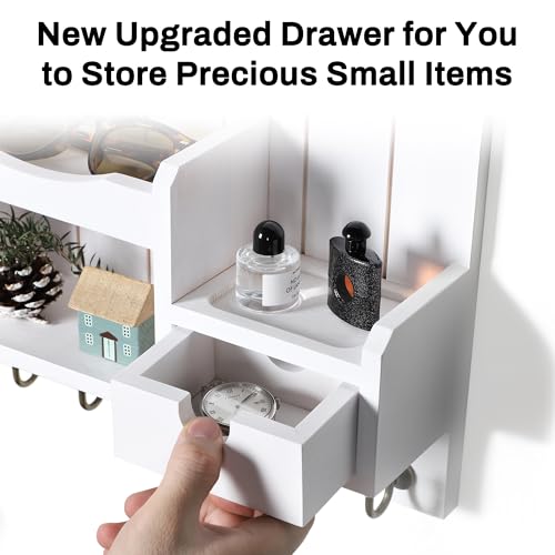 DOPACE Handcrafted Pine Wood Mail Organizer & Key Holder, White | Hand-polished natural pine wood with storage drawer & 6 hooks, Fine spray paint finish, Easy wall mount - color: White