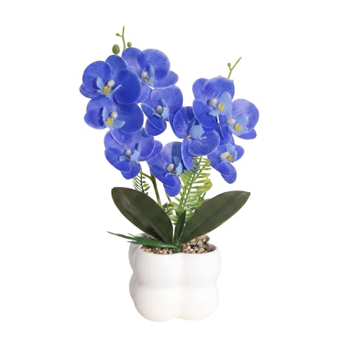 Blue Artificial Orchids Flowers in Pot 14" Tall Realistic Faux Phalaenopsis | 3D Printed Washable Fake Orchid Phalaenopsis Flowers with Vase for Home Wedding Table Centerpiece Bathroom Office Decor(Blue) - color: Blue