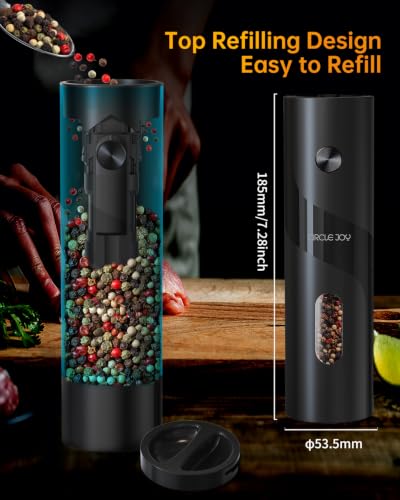 CIRCLE JOY Electric Rechargeable Salt and Pepper Grinder Set Top-Refill Automatic Pepper Mill Grinder with Charging Base, Adjustable Coarseness, Easy Filling Larger Capacity with Led for Home Kitchen - color: Black