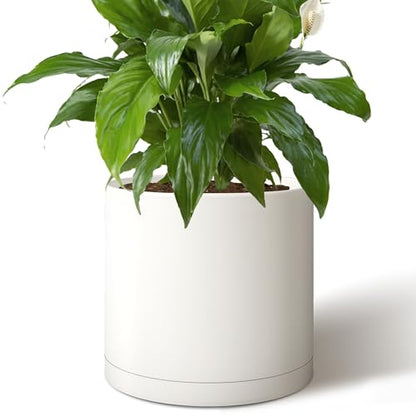 Giraffe Creation 14 Inch Cylinder Plant Pot, Modern Round Planter with Drainage Holes and Saucer, Durable Plastic Flower Pot for Indoor Outdoor Plants, White - color: White 14 Inch