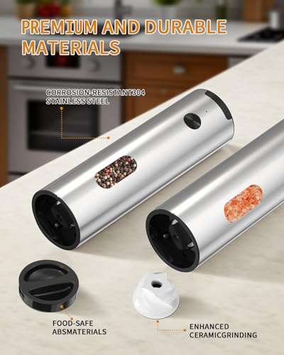 CIRCLE JOY Electric Salt and Pepper Grinder Set, Stainless Steel Rechargeable Pepper Mill Set with Charging Base, 110ML Top-Fill, Adjustable Coarseness, LED Light, One-Hand Operation, Gift Idea - color: Silver