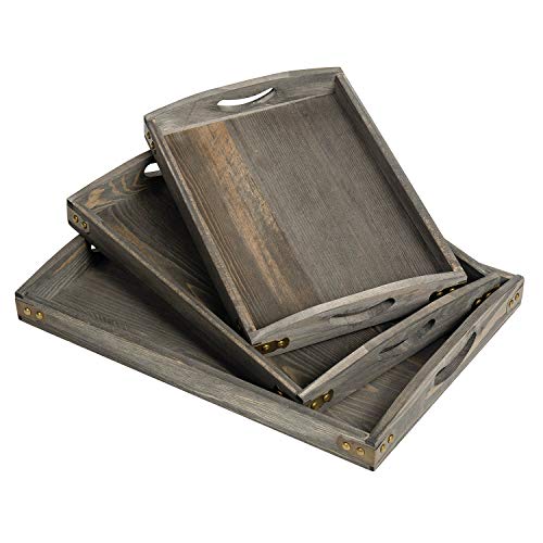 Country Farmhouse Rustic Wood Nesting Dinning Breakfast Serving Trays with Wood Handles, Set of 3,Can Put Food, Fruit, Plates｜Ottoman Decorative Coffee Table Tray (Rock Grey) - color: Rock Grey