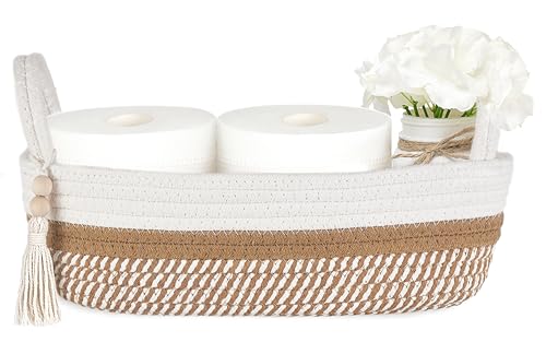 Mkono Toilet Paper Basket, Boho Bathroom Decor, Small Storage Organizer | White and Brown, 13"L x 6"W, Back of Toilet Basket, Decorative Woven Tray with Handles, Space-Saving, Living Room Bedroom - color: White and Brown, size: Small