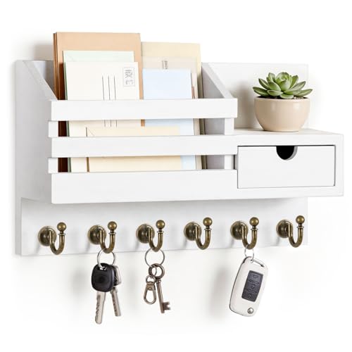 FifthQuarter Key and Mail Holder Wall Mount with Drawer and 6 Sturdy Hooks | Cute Rustic Farmhouse Wooden Key Hanger, Reliable Entryway Organizer for Keys and Daily Essential, Easy Installation, A-White - color: A-White