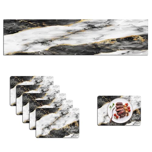 Mcalk Black Marble Table Runner and Placemats Set of 6, Marble Print Placemats, Modern Cloth Place Mats Indoor for Kitchen,Washable Linen Material for Dining Table - color: 02black