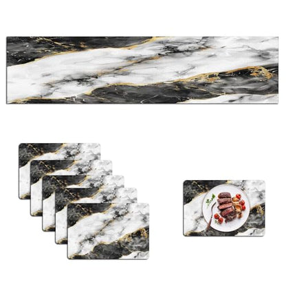 Mcalk Black Marble Table Runner and Placemats Set of 6, Marble Print Placemats, Modern Cloth Place Mats Indoor for Kitchen,Washable Linen Material for Dining Table - color: 02black