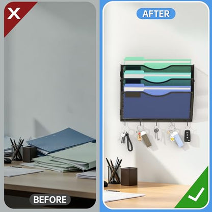 Gawerk Hanging Wall File Organizer, 3 Tier | 5 Hooks, Wall Mounted, Sturdy Mesh, For Office Home - size: 3 Tier