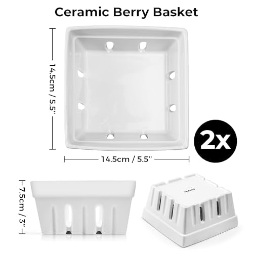 MIAMIO - Ceramic Berry Basket Set of 2, Decorative Fruit Bowl Set for Berries, Fruits and Vegetables, Kitchen Storage Bowls for Strawberries, Blueberries, Snacks and Serving