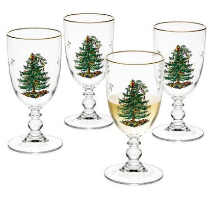 Spode Christmas Tree Pedestal Goblets, 16 Oz - Clear, Set of 4 | Holiday Stemmed Glasses with 22K Gold Rim for Wine, Water & Cocktails, Festive Drinkware for Christmas Dining & Entertaining - style: Pedestal Goblets