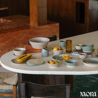 Mora Giant Salad Bowl Set with Wood Salad Servers, 4 qt Large Ceramic Serving Bowl for Salad, Pasta & Fruit, Microwave, Oven and Dishwasher Safe - Dusk - color: Dusk