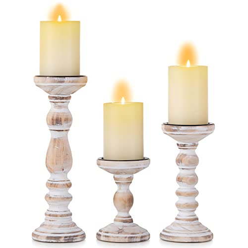Romadedi Rustic Whitewashed Solid Wood Pillar Candle Holders, Set of 3 | Three Graduated Heights with Metal Candle Plates for Fireplace Mantels, Entryway, Dining Table Centerpiece Decor. - color: Whitewashed