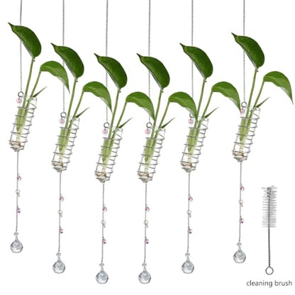 6Pcs Hanging Plant Propagation Station with Crystal Ball Prisms Suncatcher | Window Hanging Propagation Station and Cleaning Brush, Glass Plant Suncatcher for Indoor Wall Gifts for Plants Lovers(Silver) - color: Silver