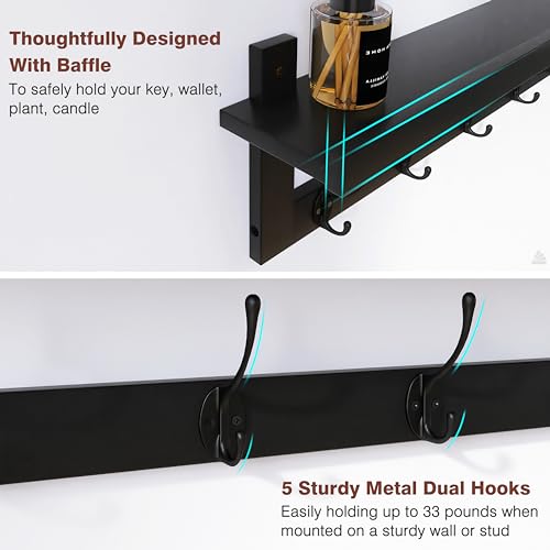 SMIBUY Coat Hooks with Shelf Wall-Mounted, 29.2 Inch Entryway Coat Rack for Wall, Bamboo Hanging Shelf with 5 Double Metal Hooks for Bathroom, Bedroom, Kitchen, Living Room, Mudroom (Black) - color: Black