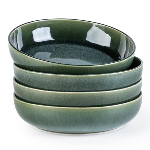 GBhome 8.75'' Large Ceramic Pasta Bowls, 38oz Stoneware Pasta Serving Bowls Set of 4 for Kitchen, Wide Bowls for Fruit,Pasta,Salad,Oatmeal,Meal, Microwave Safe, Reactive Glaze-Earth Green - color: Earth Green