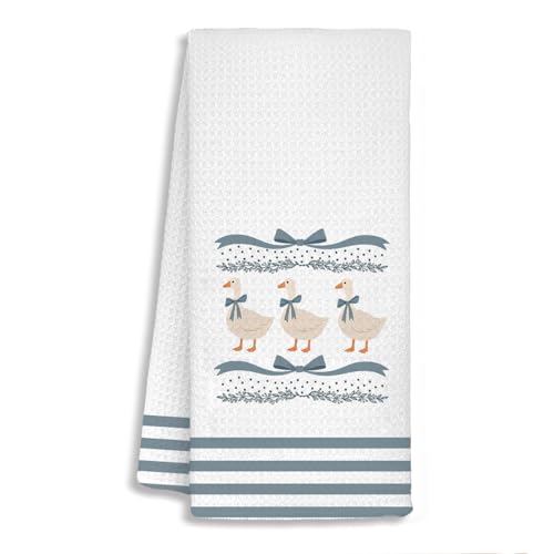 Coquette Blue Bow Goose Kids Hand Towels, Goose Gifts, Preppy Bow Blue and White Striped Farm Animals Decorative Hand Towels for Kids Girls Bathroom Decor, 16x24 Inch - color: Goose-cow Blue
