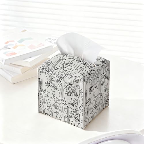 Abstract Line Art Tissue Box Holder, Modern Black White Faces Leather Tissue Box Cover Square, Paper Napkins Everyday Dispenser for Bathroom Night Stands Kitchen Office Car Home Decor