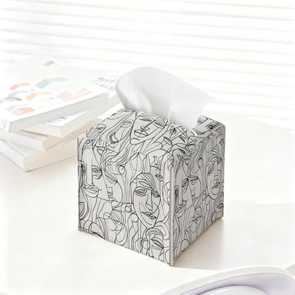 Abstract Line Art Tissue Box Holder, Modern Black White Faces Leather Tissue Box Cover Square, Paper Napkins Everyday Dispenser for Bathroom Night Stands Kitchen Office Car Home Decor