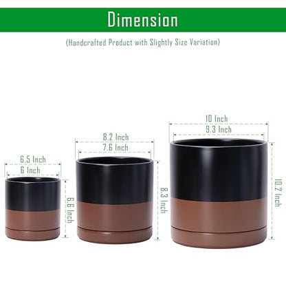 D'vine Dev 6 Inch & 8 Inch & 10 Inch, Set of 3 Round Ceramic Planter Pot with Drainage Hole and Saucer, Black/Speckled Tan, 94-T-L-7 - color: Black/Speckled Tan, size: 6"+8"+10"