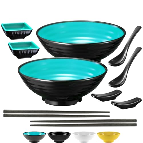 Unbreakable Ramen Bowl Set with Chopsticks and Spoon: 2 large Japanese Style Melamine Ramen Bowls, Dipping Bowls and Chopstick Stands for Asian Pho Soup Thai Miso Udon Wonton (2 Bowl Set, Teal-Black) - color: Teal & Black, size: 2 Bowl Set