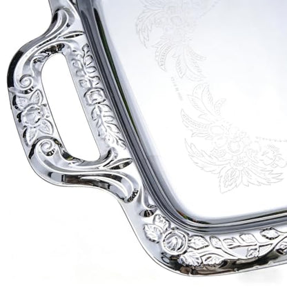 Metal Trays for Food Rectangular Modern with Handles | Silver Tray Food Serving Platter for Candy Bread Cake Charcuterie Dessert Fruit Party Home Kitchen Living Room