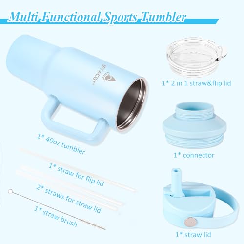 40 oz Tumbler with Handle and Straw or Convert to 40 oz Insulated Water Bottle Fits in Cup Holder. Stainless Steel Metal Water Flask with 2 Lids for Travel,Camping,Gym Sports Coffee Mug Thermal Cup - color: Blue Haze