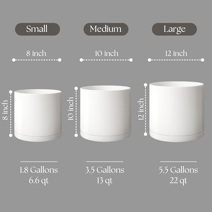 Giraffe Creation Cylinder Plant Pots 12/10/8 Inch Set of 3, Modern Round Planters with Drainage Holes and Saucers, Durable Plastic Flower Pots, White - color: White 12/10/8 Inch