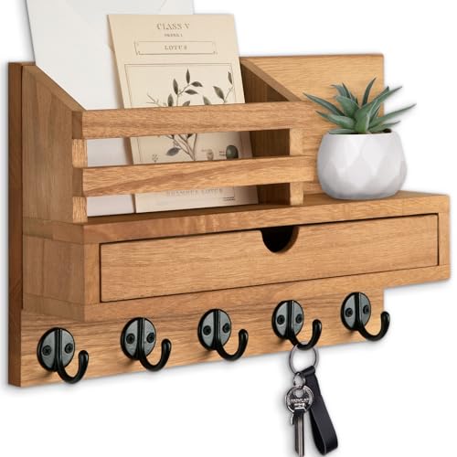 Key Holder Wall Mount, Mail Holder with Storage Drawer and 5 Key Hooks for Coat, Dog Leash, Home Decor Rack, House Accessories, Entry Way Organizer (Wood) - color: Wood, size: Standard - 11.8 Inch