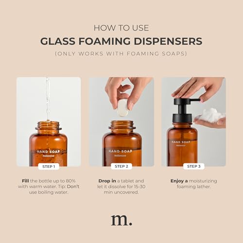 MaisoNovo Glass Foaming Soap Dispenser 14 Oz | Glass Bottles Pumps x 2 Amber with Tray - color: Amber Bottles/Black Plastic Pumps/Ceramic Tray