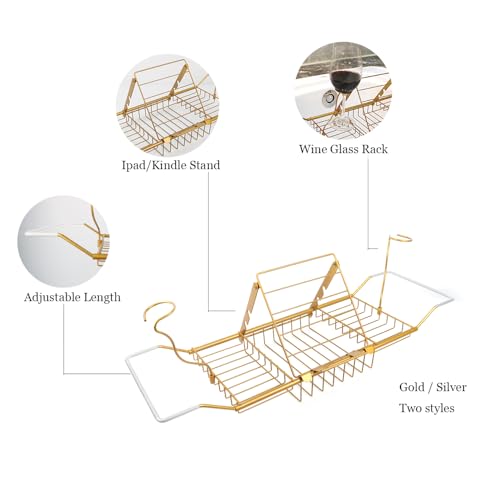 Bathtub Tray,Stainless Steel Shower Bathtub Caddy Tray with Removable Book Holder Red Wine Rack Holder, for Home Kitchen Bathroom,Gold